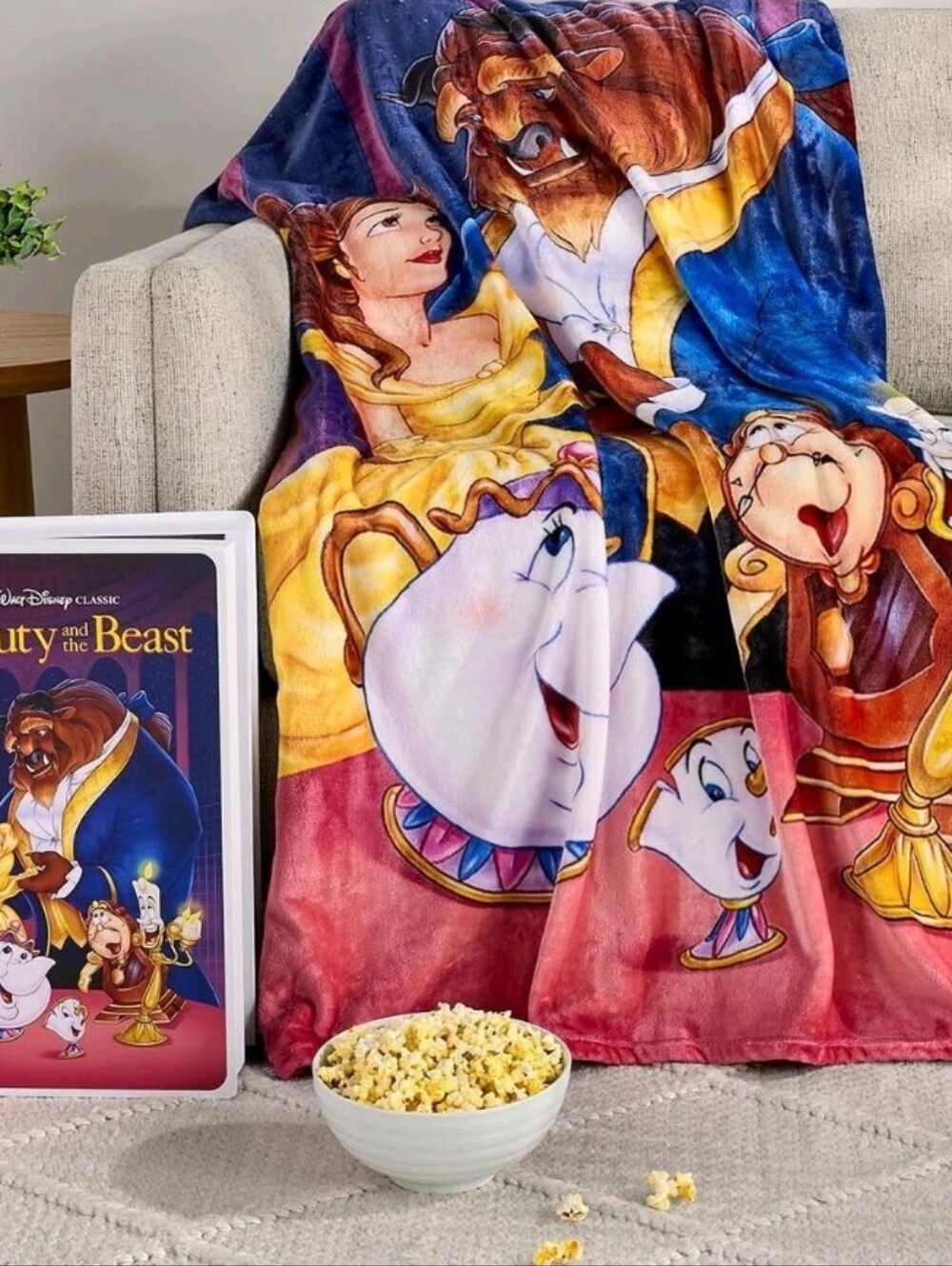 Disneys Classic Beauty and the Beast Silk-Touch Throw Blanket In VHS-Style Box